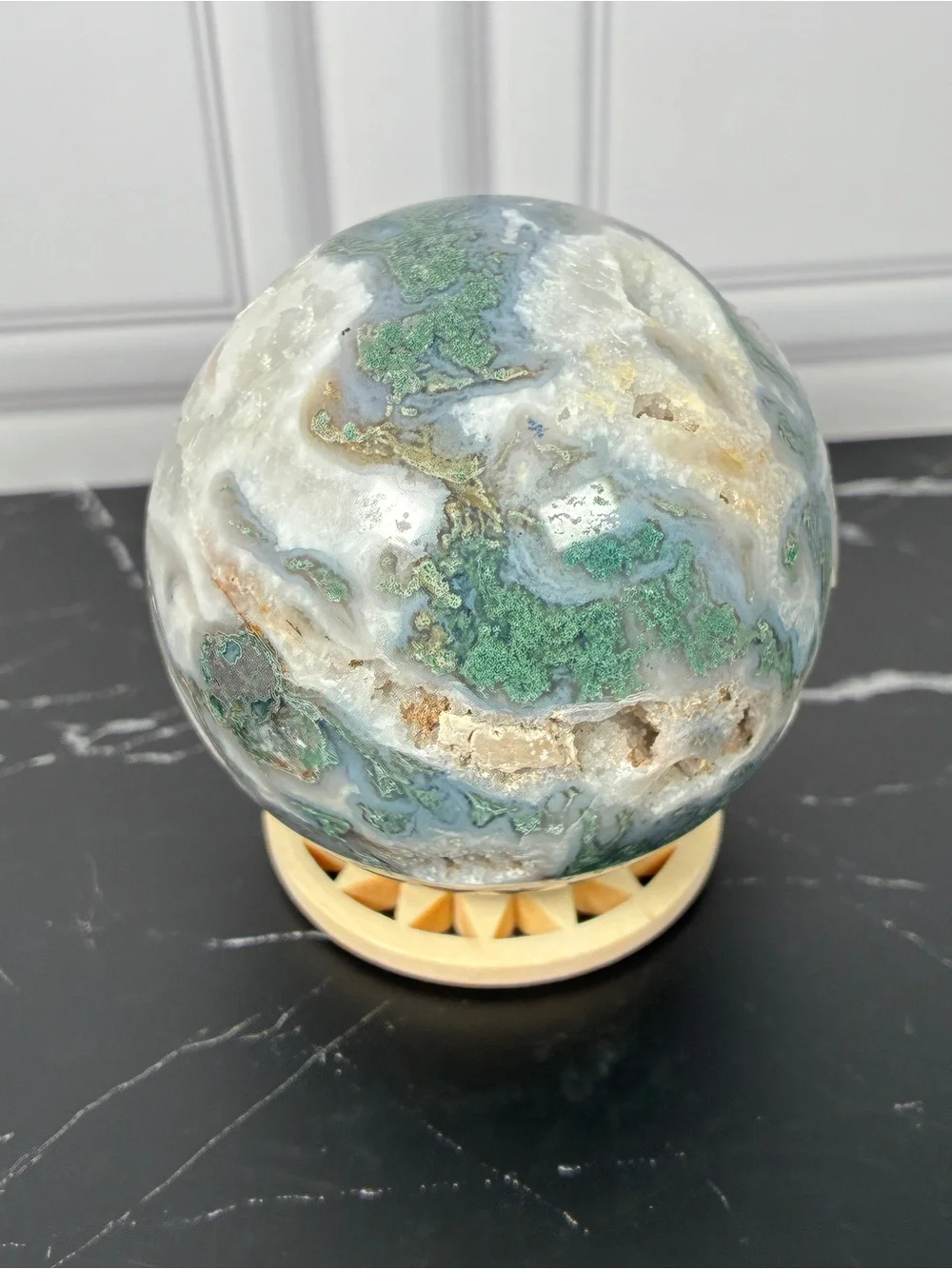 Emerald Dreamscape — Moss Agate Druzy Sphere & Tower Crystal Set